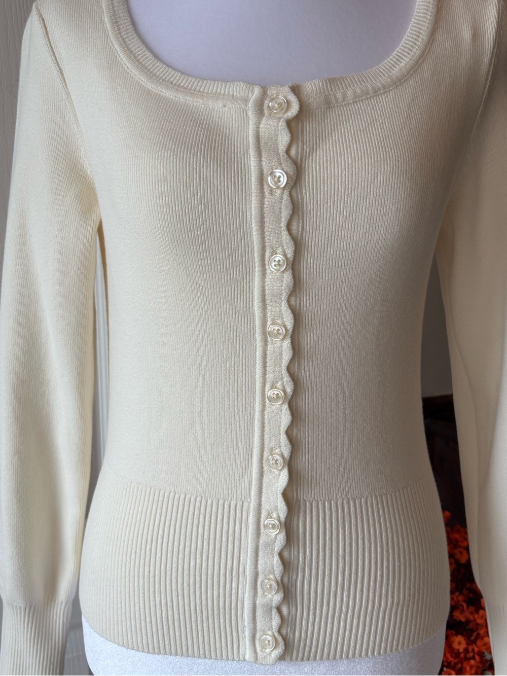 Cream Scoop Neck Rib-Hem Button front Top - Picture 2 of 5